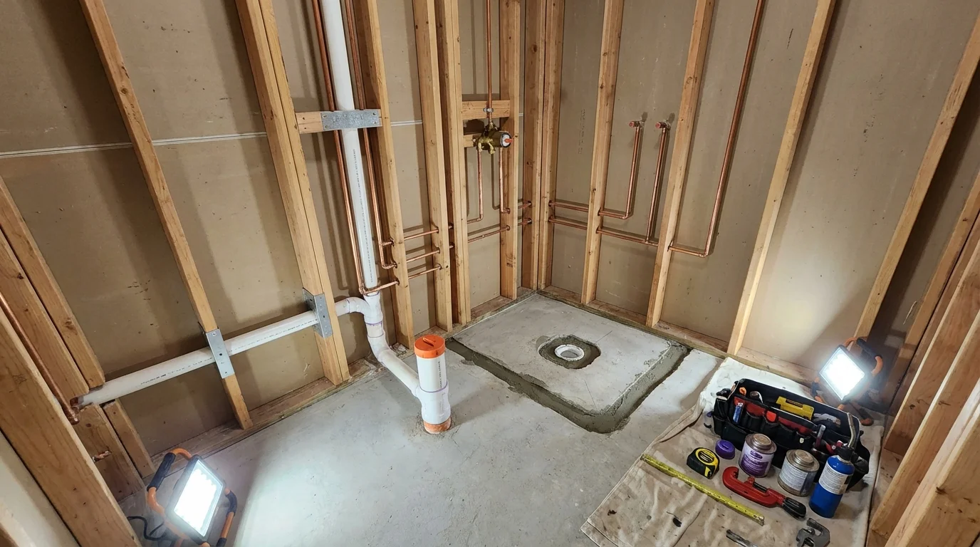 Bathroom rough-in plumbing during remodel by Johns Plumbing LLC in Zwolle