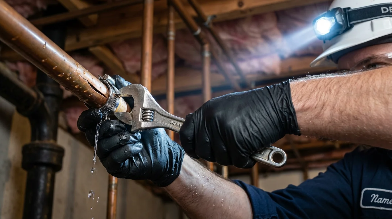 Emergency pipe clamp repair being performed by a Johns Plumbing LLC plumber in Zwolle