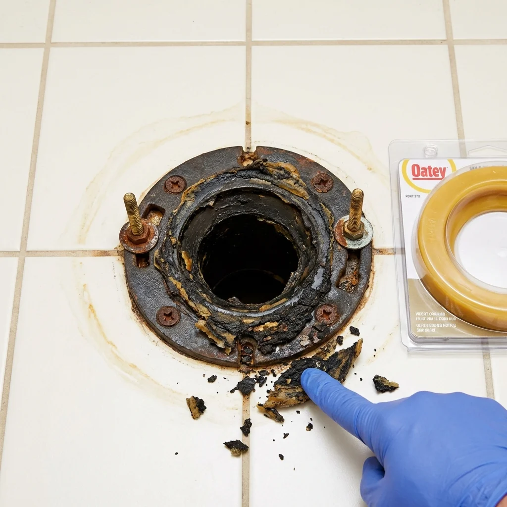 Failed wax ring showing water seepage at the base of a toilet in a Zwolle, LA home