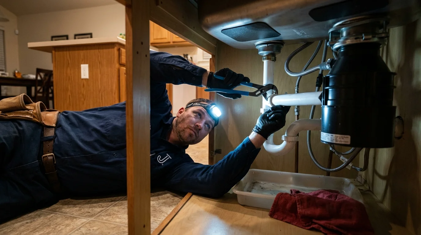 P-trap and supply line connections under a kitchen sink showing a common leak point in Zwolle, LA